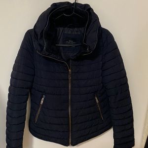 ZARA Navy Winter Jacket High-Necked hidden hood Size Small